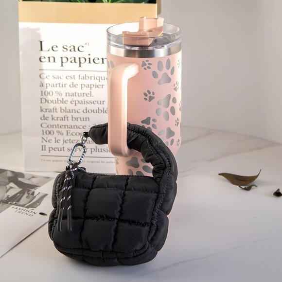 Women's Black Mini Quilted Wristlet Pouch Cute Charm Gift Puffer Evening Handbag - Picture 7 of 7